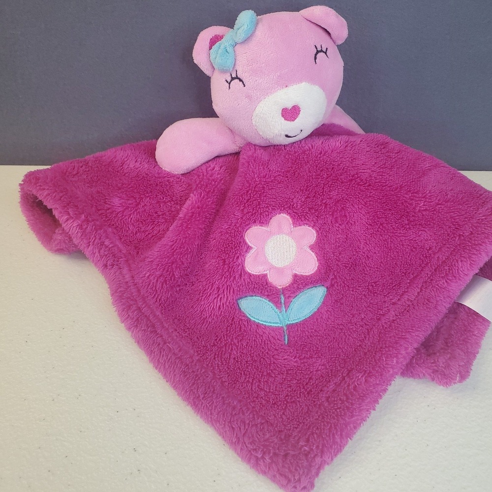BABY GEAR Pink Teddy Bear Fuchsia Security Blanket Lovey Flower Soft Fleece 15"‎